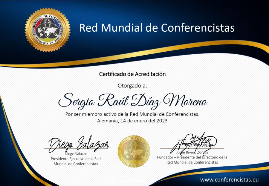 Certificado de Acreditación de la Red Mundial de Conferencistas de Sergio Diaz Moreno
